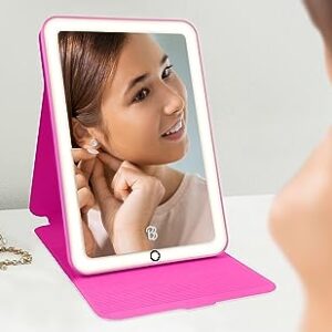 eKids Barbie Travel Mirror with Light and Adjustable Stand, Shatterproof Makeup Mirror with Rechargeable Battery, Designed for Fans of Barbie Accessories and Gifts