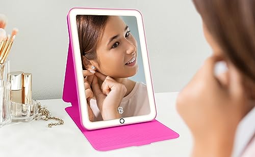 eKids Barbie Travel Mirror with Light and Adjustable Stand, Shatterproof Makeup Mirror with Rechargeable Battery, Designed for Fans of Barbie Accessories and Gifts