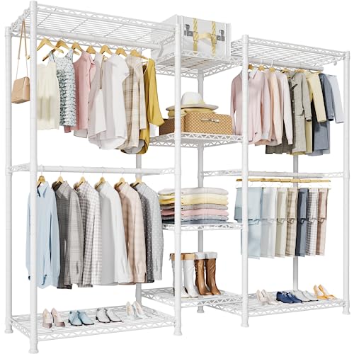 Ulif E4 Garment Rack, Freestanding Closet Organizer and Storage System, Heavy Duty Clothing Wardrobe with 8 Shelves and 4 Hanger Rods, Max Load 920 LBS, 71.6”W x 14.5”D x 79.3”H, White