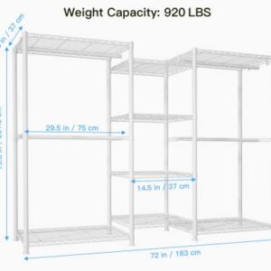 Ulif E4 Garment Rack, Freestanding Closet Organizer and Storage System, Heavy Duty Clothing Wardrobe with 8 Shelves and 4 Hanger Rods, Max Load 920 LBS, 71.6”W x 14.5”D x 79.3”H, White