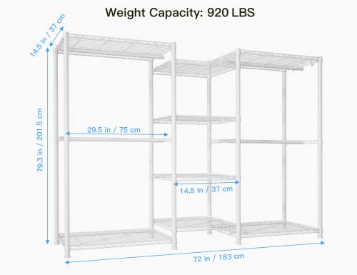 Ulif E4 Garment Rack, Freestanding Closet Organizer and Storage System, Heavy Duty Clothing Wardrobe with 8 Shelves and 4 Hanger Rods, Max Load 920 LBS, 71.6”W x 14.5”D x 79.3”H, White