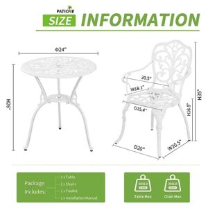 PATIO-IN Bistro Set 3 Piece Outdoor Patio Set, Rust Resistant Bistro Table and Chairs Furniture with Umbrella Hole, Cast Aluminum Bistro Table Set of 2 for Porch,Lawn,Garden,Backyard, White