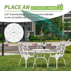 PATIO-IN Bistro Set 3 Piece Outdoor Patio Set, Rust Resistant Bistro Table and Chairs Furniture with Umbrella Hole, Cast Aluminum Bistro Table Set of 2 for Porch,Lawn,Garden,Backyard, White