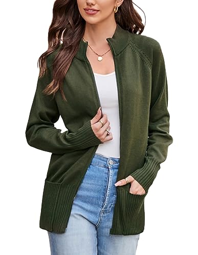 GRACE KARIN Women 2023 Fall Winter Zip Up Sweater Cardigan Long Sleeve Chunky Knit Sweater Jacket with Pockets S Dark Army Green