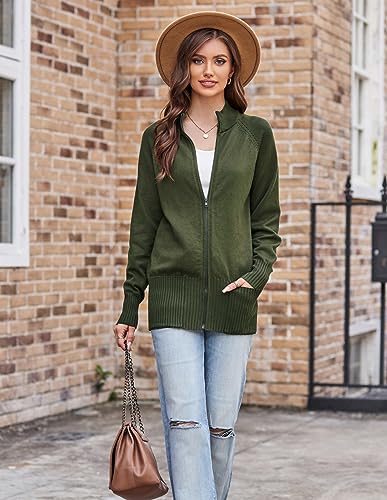 GRACE KARIN Women 2023 Fall Winter Zip Up Sweater Cardigan Long Sleeve Chunky Knit Sweater Jacket with Pockets S Dark Army Green