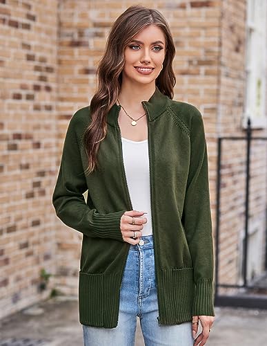 GRACE KARIN Women 2023 Fall Winter Zip Up Sweater Cardigan Long Sleeve Chunky Knit Sweater Jacket with Pockets S Dark Army Green