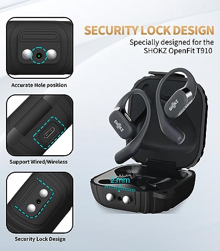 [Newest Secure Lock] Alquar for SHOKZ OpenFit T910 Case Cover, Silicone Protective Scratch Shock Resistant Cover ONLY Compatible with SHOKZ OpenFit T910 Earbuds Charging Case with Carabiner(Black)