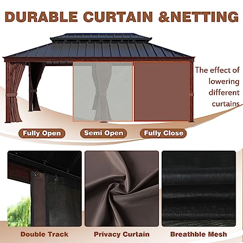 MUPATER 12' x 20' Gazebo, Wooden Finish Coated Aluminum Frame, with Double Galvanized Steel Hardtop Roof, Netting and Curtains for Garden, Patio Lawn and Parties