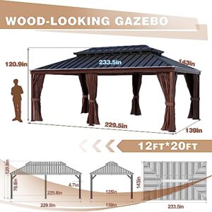 MUPATER 12' x 20' Gazebo, Wooden Finish Coated Aluminum Frame, with Double Galvanized Steel Hardtop Roof, Netting and Curtains for Garden, Patio Lawn and Parties