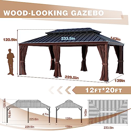 MUPATER 12' x 20' Gazebo, Wooden Finish Coated Aluminum Frame, with Double Galvanized Steel Hardtop Roof, Netting and Curtains for Garden, Patio Lawn and Parties