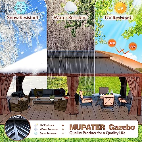 MUPATER 12' x 20' Gazebo, Wooden Finish Coated Aluminum Frame, with Double Galvanized Steel Hardtop Roof, Netting and Curtains for Garden, Patio Lawn and Parties