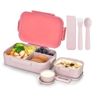 1200ml bento box, wheat straw lunch container with utensil set and leak-proof movable compartment, bpa-free lunch box, lightweight and easy open to-go food container for over 8 years old