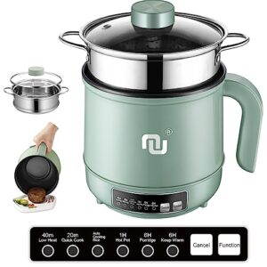 smart mini hot pot w. timer 3 power level 5 modes stainless steel steamer basket 1.7l non-stick rapid noodle cooker 600w quick cook 300w low heat 15w keep warm for 6h non-stick pan for rice soup pasta, green