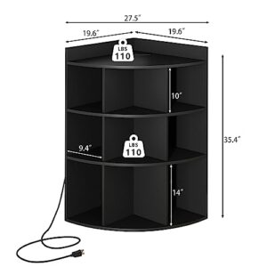 BORNOON 3-Tiers Wooden Corner Cabinet with 9 Cubbies,Corner Storage Cabinet with Charging Station and USB Ports and Outlets.Corner Cubby Bookshelf for Bedroom, Living Room, Office, Small Space.Black.