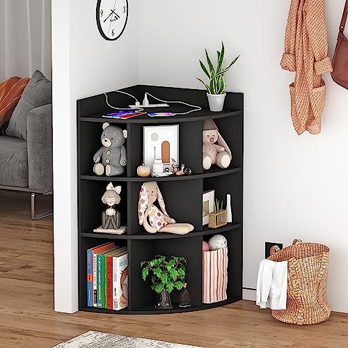 BORNOON 3-Tiers Wooden Corner Cabinet with 9 Cubbies,Corner Storage Cabinet with Charging Station and USB Ports and Outlets.Corner Cubby Bookshelf for Bedroom, Living Room, Office, Small Space.Black.