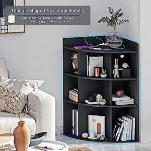 BORNOON 3-Tiers Wooden Corner Cabinet with 9 Cubbies,Corner Storage Cabinet with Charging Station and USB Ports and Outlets.Corner Cubby Bookshelf for Bedroom, Living Room, Office, Small Space.Black.