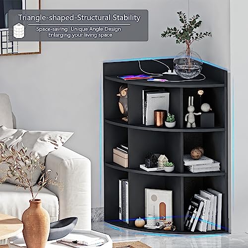 BORNOON 3-Tiers Wooden Corner Cabinet with 9 Cubbies,Corner Storage Cabinet with Charging Station and USB Ports and Outlets.Corner Cubby Bookshelf for Bedroom, Living Room, Office, Small Space.Black.