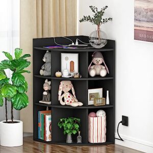 BORNOON 3-Tiers Wooden Corner Cabinet with 9 Cubbies,Corner Storage Cabinet with Charging Station and USB Ports and Outlets.Corner Cubby Bookshelf for Bedroom, Living Room, Office, Small Space.Black.