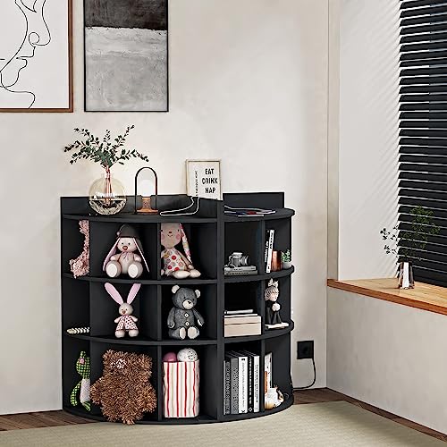 BORNOON 3-Tiers Wooden Corner Cabinet with 9 Cubbies,Corner Storage Cabinet with Charging Station and USB Ports and Outlets.Corner Cubby Bookshelf for Bedroom, Living Room, Office, Small Space.Black.