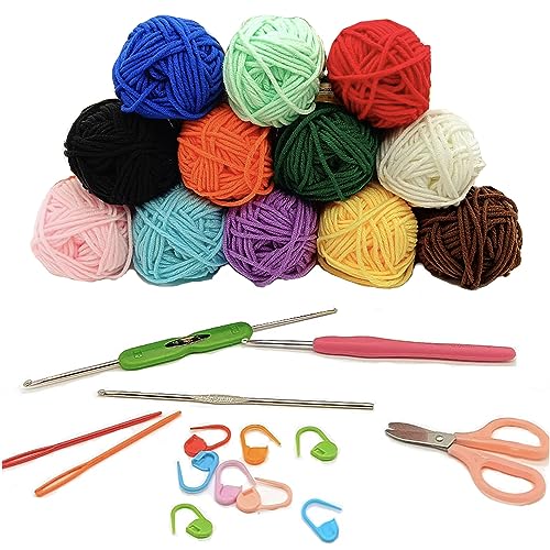 Crochet Kit for Beginners 12 Colors Acrylic Yarn Set with Crochet Hook Crochet Knitting Crafts Starter Pack for Adults and Kids(Yarn+Tool)