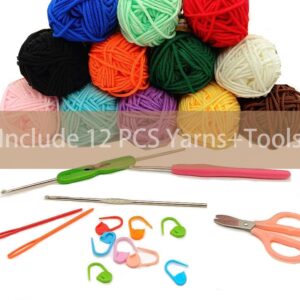 Crochet Kit for Beginners 12 Colors Acrylic Yarn Set with Crochet Hook Crochet Knitting Crafts Starter Pack for Adults and Kids(Yarn+Tool)