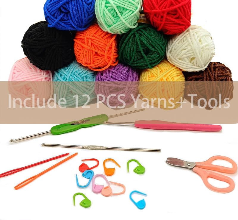 Crochet Kit for Beginners 12 Colors Acrylic Yarn Set with Crochet Hook Crochet Knitting Crafts Starter Pack for Adults and Kids(Yarn+Tool)