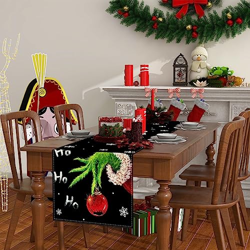 Rvsticty Linen Grinch Table Runner Merry Grinchmas Tablecloth Winter New Year Xmas Christmas Decorations and Supplies for Home Kitchen Table-13×72''