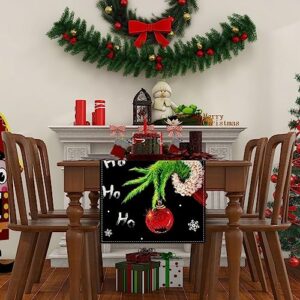 Rvsticty Linen Grinch Table Runner Merry Grinchmas Tablecloth Winter New Year Xmas Christmas Decorations and Supplies for Home Kitchen Table-13×72''