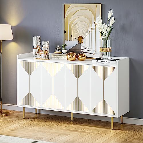 YITAHOME Sideboard Buffet, Modern Buffet Cabinet Storage Cabinet with Carved Design Doors 300 lbs Capacity for Hallway, Entryway, Kitchen or Living Room, White