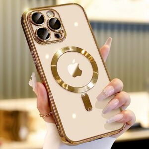 waldeng for iphone 14 pro case with integrated camera lens protector, [compatible with magsafe] [original iphone exterior], crystal clear case for iphone 14 pro 6.1", gold