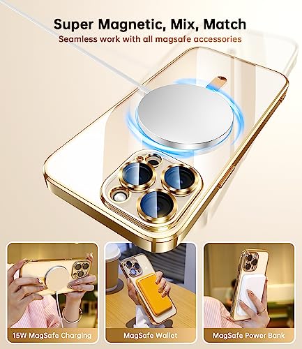 Waldeng for iPhone 14 Pro Case with Integrated Camera Lens Protector, [Compatible with MagSafe] [Original iPhone Exterior], Crystal Clear Case for iPhone 14 Pro 6.1", Gold