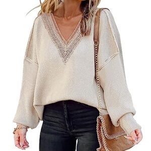 Women's 2023 Fall Sweaters Trendy Long Sleeve Lace V Neck Color Block Striped Sweater Winter Oversized Pullover Knitted Tops