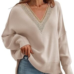 Women's 2023 Fall Sweaters Trendy Long Sleeve Lace V Neck Color Block Striped Sweater Winter Oversized Pullover Knitted Tops