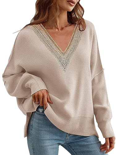 Women's 2023 Fall Sweaters Trendy Long Sleeve Lace V Neck Color Block Striped Sweater Winter Oversized Pullover Knitted Tops