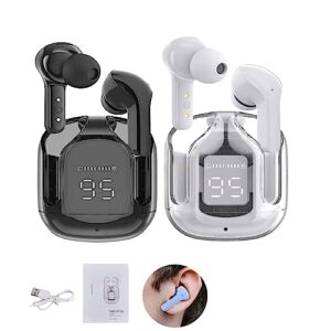 dhaonxb crystal earbuds,bluetooth headphones noise canceling translucent earphones,mini crystal in-ear earbuds led power display (black+white)