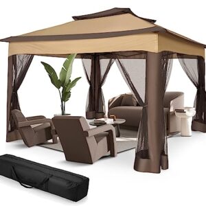 HOTEEL Pop Up Gazebo with Mosquito Netting 11x11 Canopy Instant Gazebo Tent Outdoor Gazebos for Patios Waterproof Vented Roof Screen Gazebos for Backyard, Lawn,Garden, Base 10X10, 121ft² of Shade