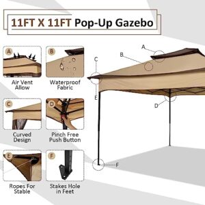 HOTEEL Pop Up Gazebo with Mosquito Netting 11x11 Canopy Instant Gazebo Tent Outdoor Gazebos for Patios Waterproof Vented Roof Screen Gazebos for Backyard, Lawn,Garden, Base 10X10, 121ft² of Shade