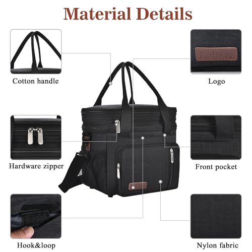 LOKASS Lunch Box for Men, 16L Double Deck Expandable Insulated Lunch box For Adults/Women Thermal Large Waterproof Leakproof Lunch Bag for Work with Shoulder Strap, Black