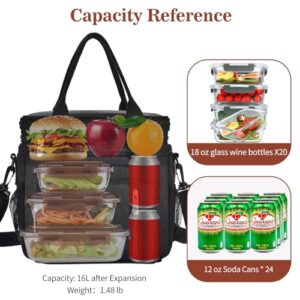 LOKASS Lunch Box for Men, 16L Double Deck Expandable Insulated Lunch box For Adults/Women Thermal Large Waterproof Leakproof Lunch Bag for Work with Shoulder Strap, Black