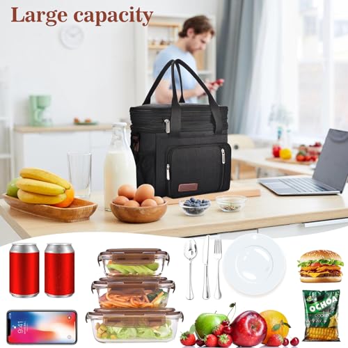 LOKASS Lunch Box for Men, 16L Double Deck Expandable Insulated Lunch box For Adults/Women Thermal Large Waterproof Leakproof Lunch Bag for Work with Shoulder Strap, Black