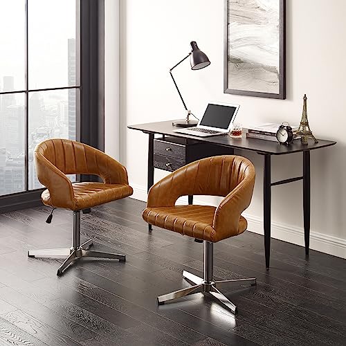 Volans Mid Century Modern Desk Chair Swivel Office Chair No Wheels, Vintage Faux Leather Swivel Desk Chair with Hollow Breathable Back for Small Spaces, Home Office,1 Pcs Brown