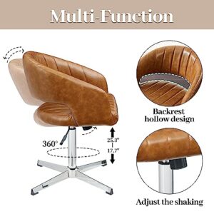 Volans Mid Century Modern Desk Chair Swivel Office Chair No Wheels, Vintage Faux Leather Swivel Desk Chair with Hollow Breathable Back for Small Spaces, Home Office,1 Pcs Brown