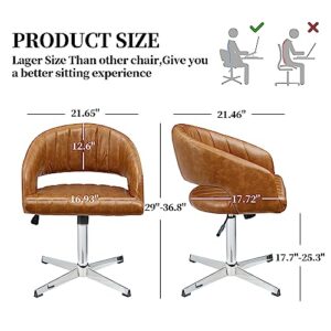 Volans Mid Century Modern Desk Chair Swivel Office Chair No Wheels, Vintage Faux Leather Swivel Desk Chair with Hollow Breathable Back for Small Spaces, Home Office,1 Pcs Brown