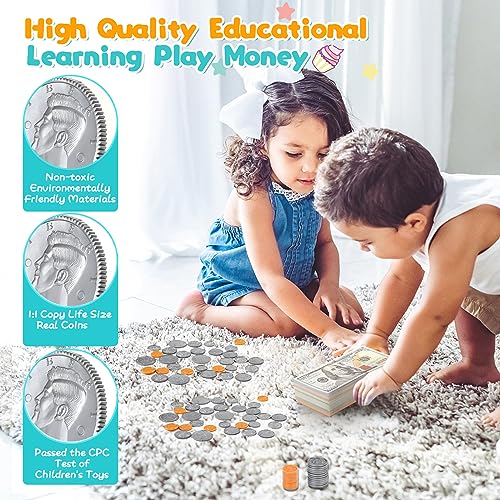 Quiet Flower Learning Pretend Play Coin, Copy Pretend Coins Toys for Kids, Prop Fake Coins and Banking Play Toys Set(200pcs)