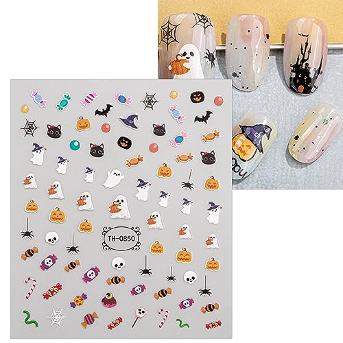 JMEOWIO 9 Sheets Halloween Nail Art Stickers Decals Self-Adhesive Pegatinas Uñas Skull Ghost Spider Web Bat Nail Supplies Nail Art Design Decoration Accessories
