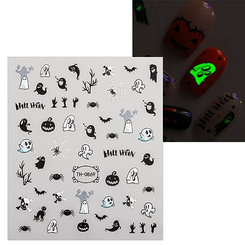 JMEOWIO 9 Sheets Halloween Nail Art Stickers Decals Self-Adhesive Pegatinas Uñas Skull Ghost Spider Web Bat Nail Supplies Nail Art Design Decoration Accessories