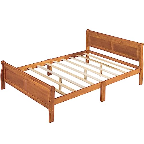 OTRIEK Queen Size Wooden Platform Bed Frames with Headboard/Footboard, Simple Modern Country Platform Bed with Sturdy Solid Wood Slat Support for Bedroom Small Living Space Boys Girls (Oak, Full)