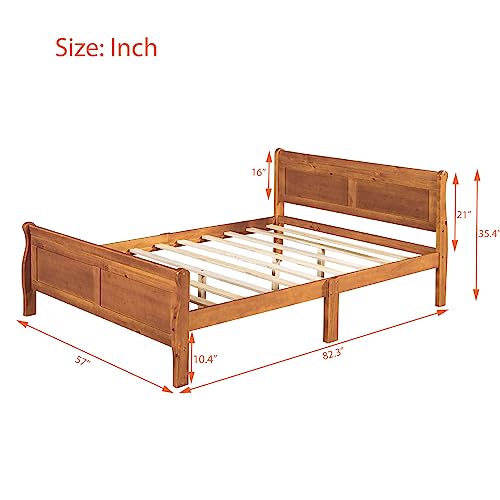 OTRIEK Queen Size Wooden Platform Bed Frames with Headboard/Footboard, Simple Modern Country Platform Bed with Sturdy Solid Wood Slat Support for Bedroom Small Living Space Boys Girls (Oak, Full)