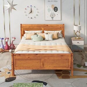 OTRIEK Queen Size Wooden Platform Bed Frames with Headboard/Footboard, Simple Modern Country Platform Bed with Sturdy Solid Wood Slat Support for Bedroom Small Living Space Boys Girls (Oak, Full)