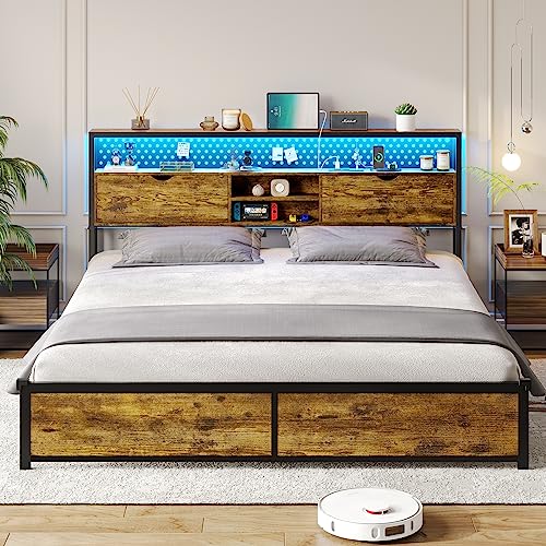 ADORNEVE Queen Bed Frame with Type-C & USB Charging Station, LED Bed Frame Queen Size with Storage Headboard, Metal Platform Bed with Headboard and LED Lights, No Box Spring Needed,Vintage Brown